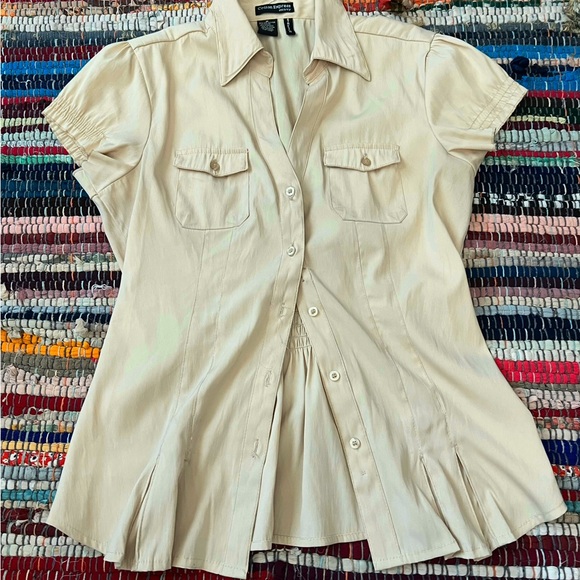 Cotton Express Cream Cap Sleeve Button Down Shirt - Picture 1 of 3